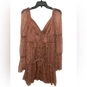 ASOS Design Tiered Satin Mesh Mini Dress Size 4 Dusty Pink Long Sheer Sleeve NWT
